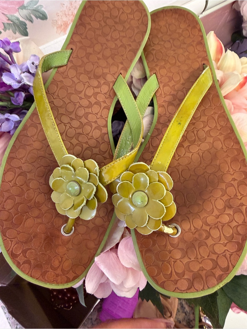 Coach Lime Green Floral Thong Sandals